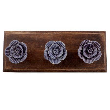 Purple Medium Rose Flower Ceramic Wooden Hooks 